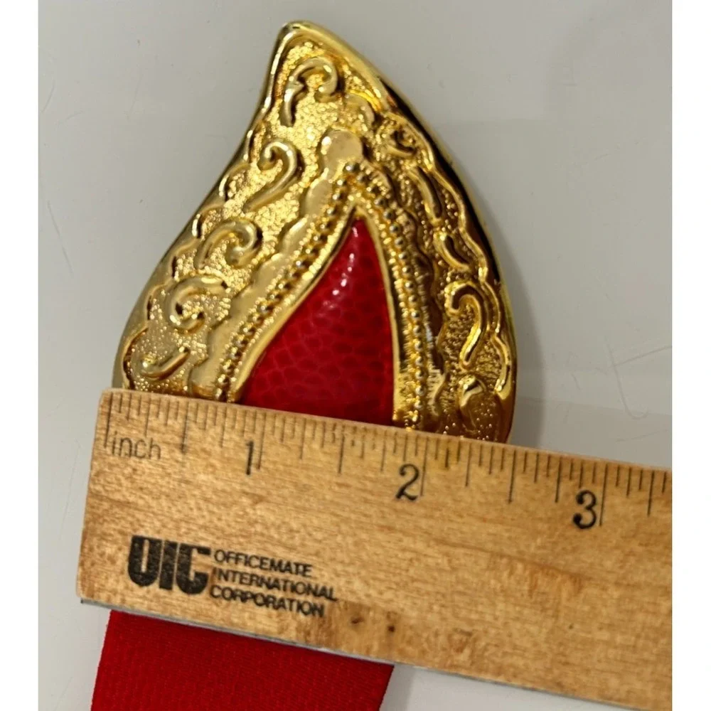 Vintage 1991 Red Stretch Waist L Belt Huge Gold Ornate Paisley Statement Buckle